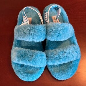 UGG Yeah Teal Plush Double-Strap Slippers, Women’s Size 7